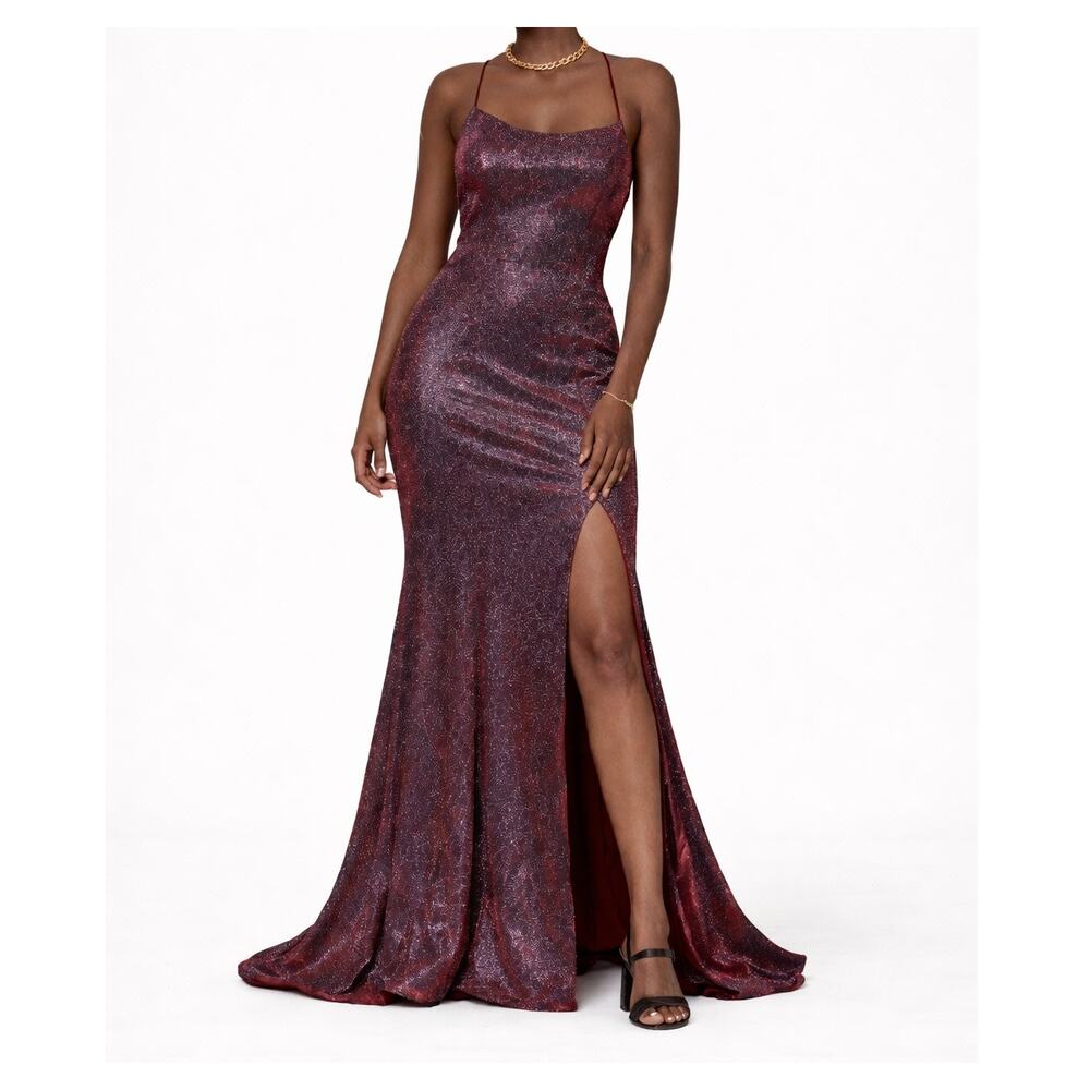 Amelia Couture Burgundy Glitter Prom Dress Lace Up Back‎ Slit Gown Long 6